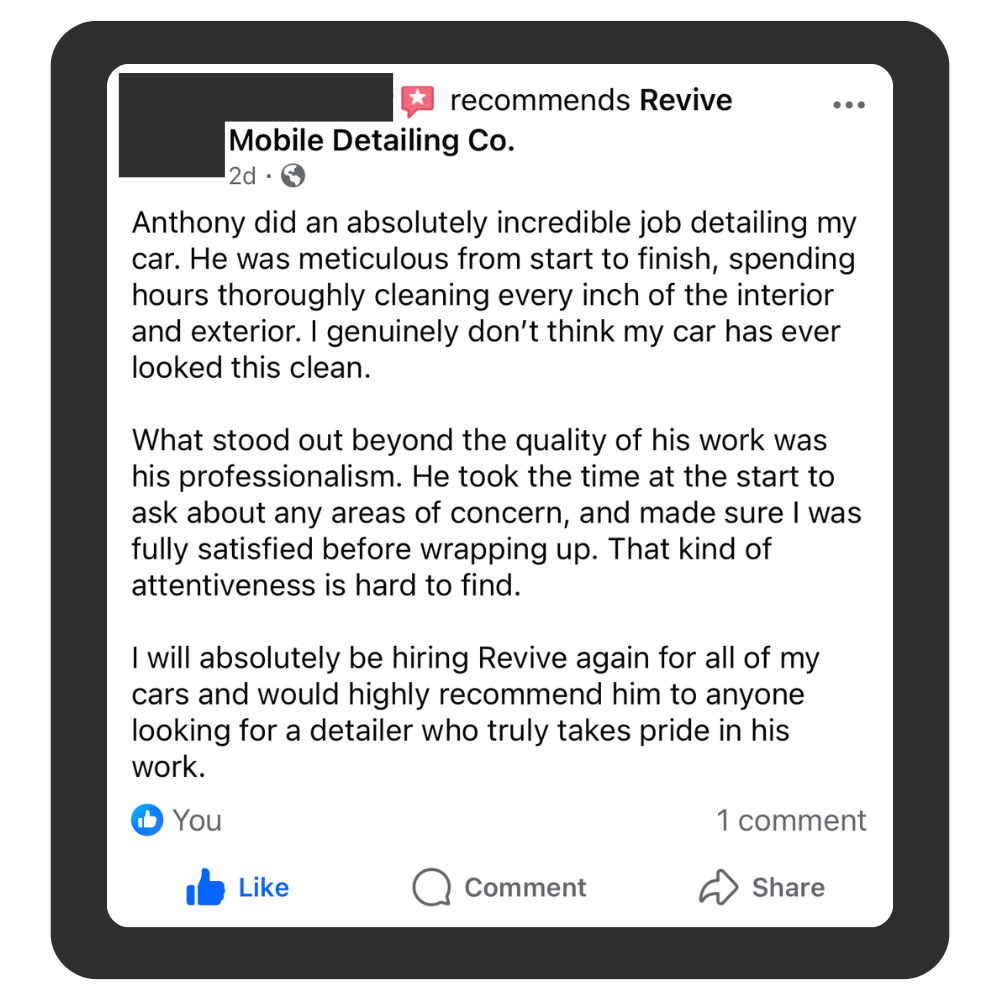 Review from a client who a local mobile detailing company in St. George performed an interior and exterior detail