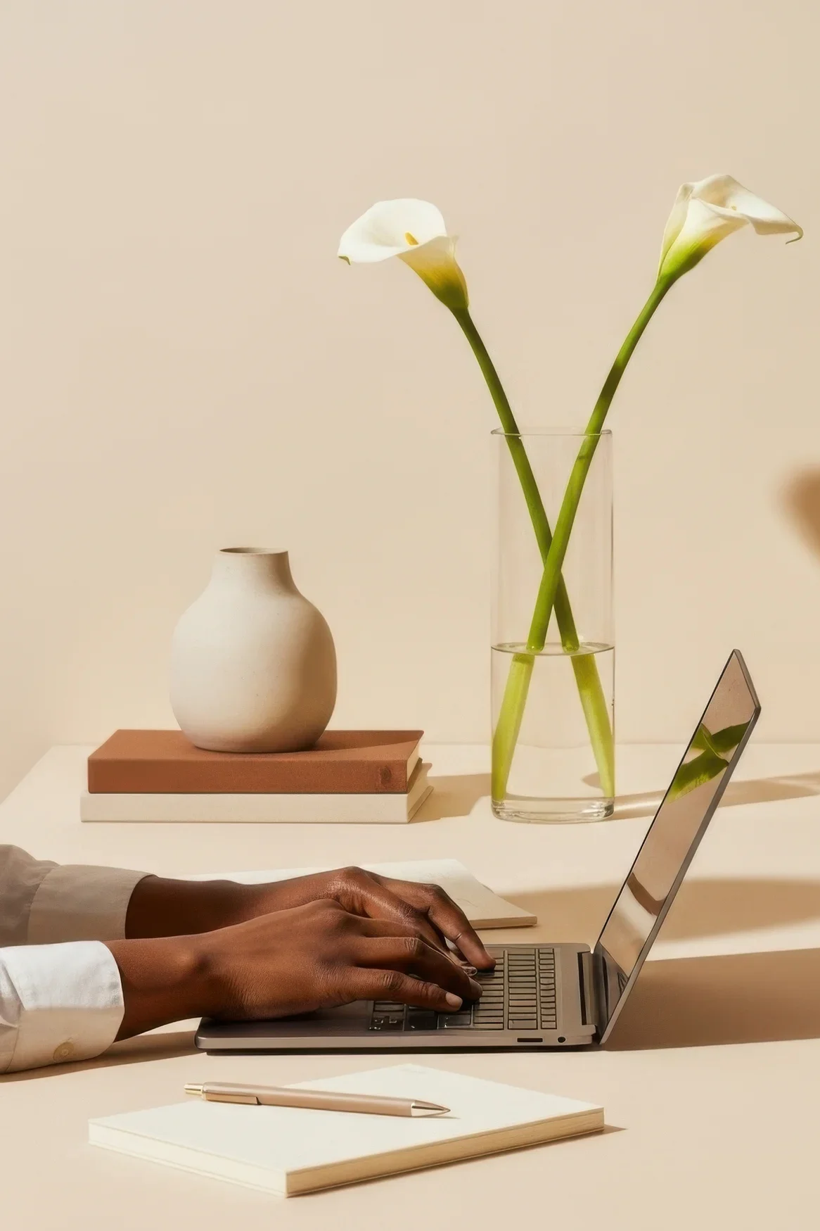 A person's hands typing on a laptop keyboard, with a white notebook and pen on the desk. On the wall, there is a table with a white vase, a stack of books, and a glass vase with two calla lilies. A small mirror is also on the desk reflecting the lilies.