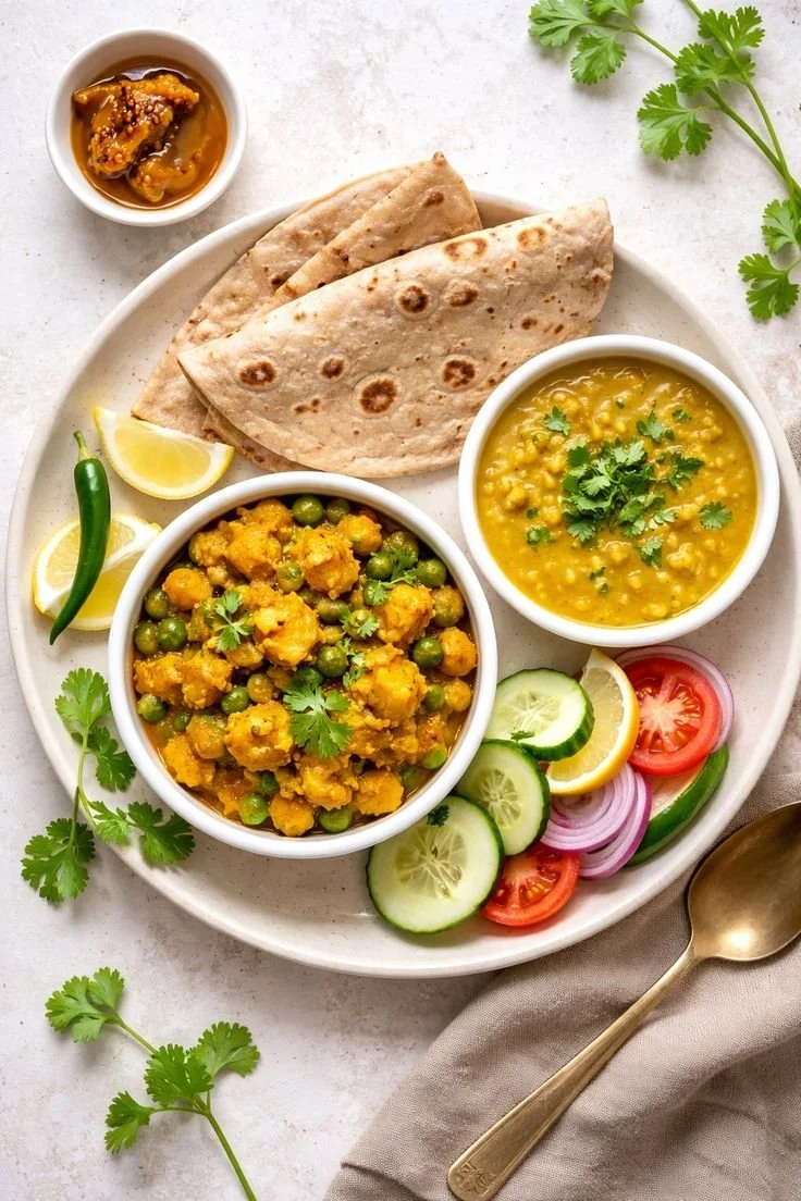 A white plate with Indian cuisine including chapati, a bowl of yellow lentil dal, a bowl of curried cauliflower and green peas, and fresh sliced cucumbers, tomatoes, and onions, garnished with cilantro. There are lemon wedges and a green chili on the side, with a small bowl of mango chutney nearby.