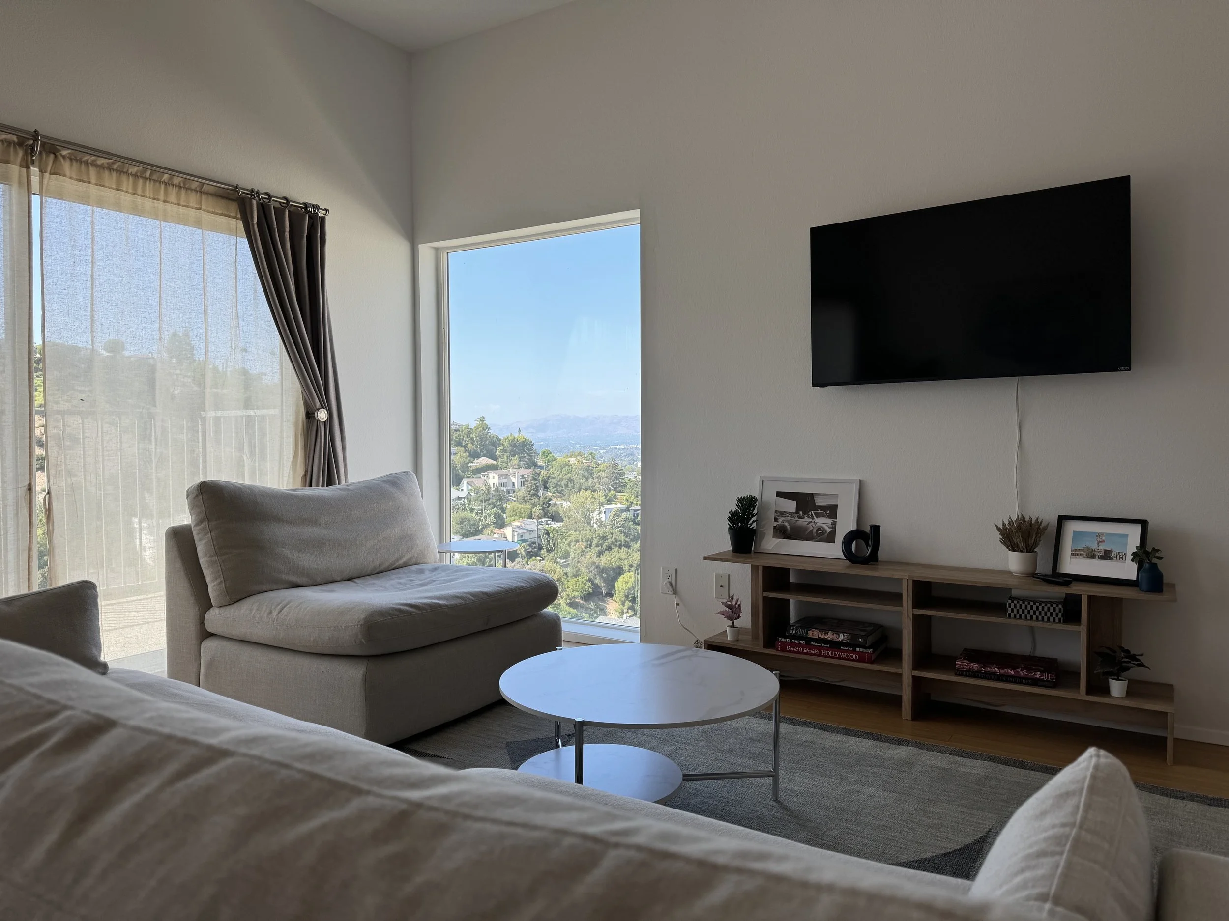 Living room with large windows showing a bright outdoor view, beige sofas, and a wooden shelving unit with decor items and books, a mounted flat-screen TV, and potted plants.