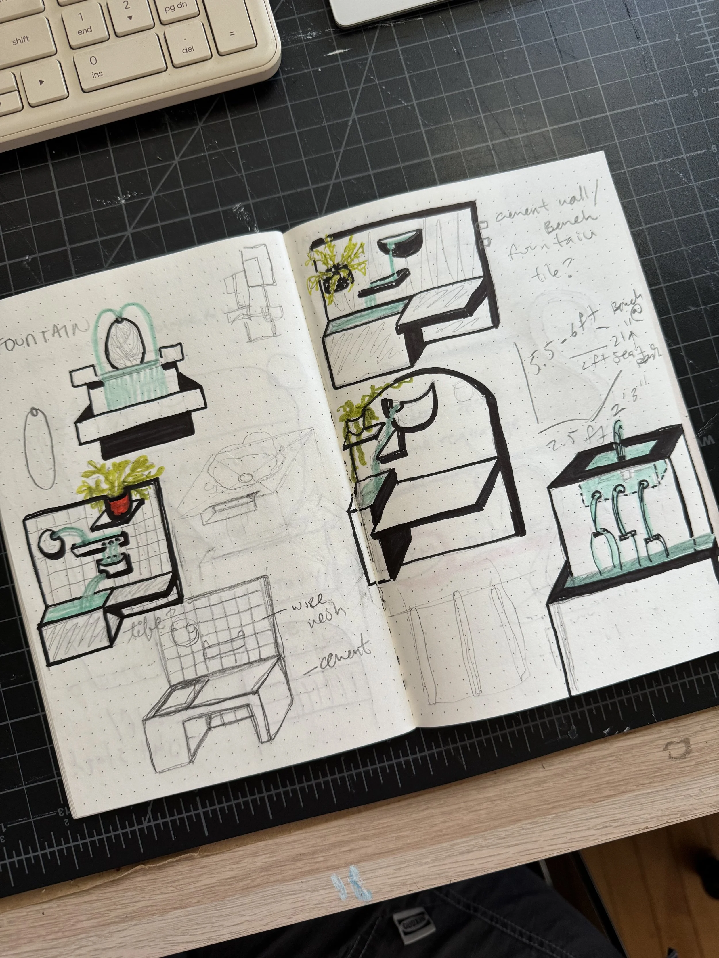 Sketches of bathroom scenes including a sink with a mirror, a toilet, and sinks with water pipes, drawn on dotted notebook paper.
