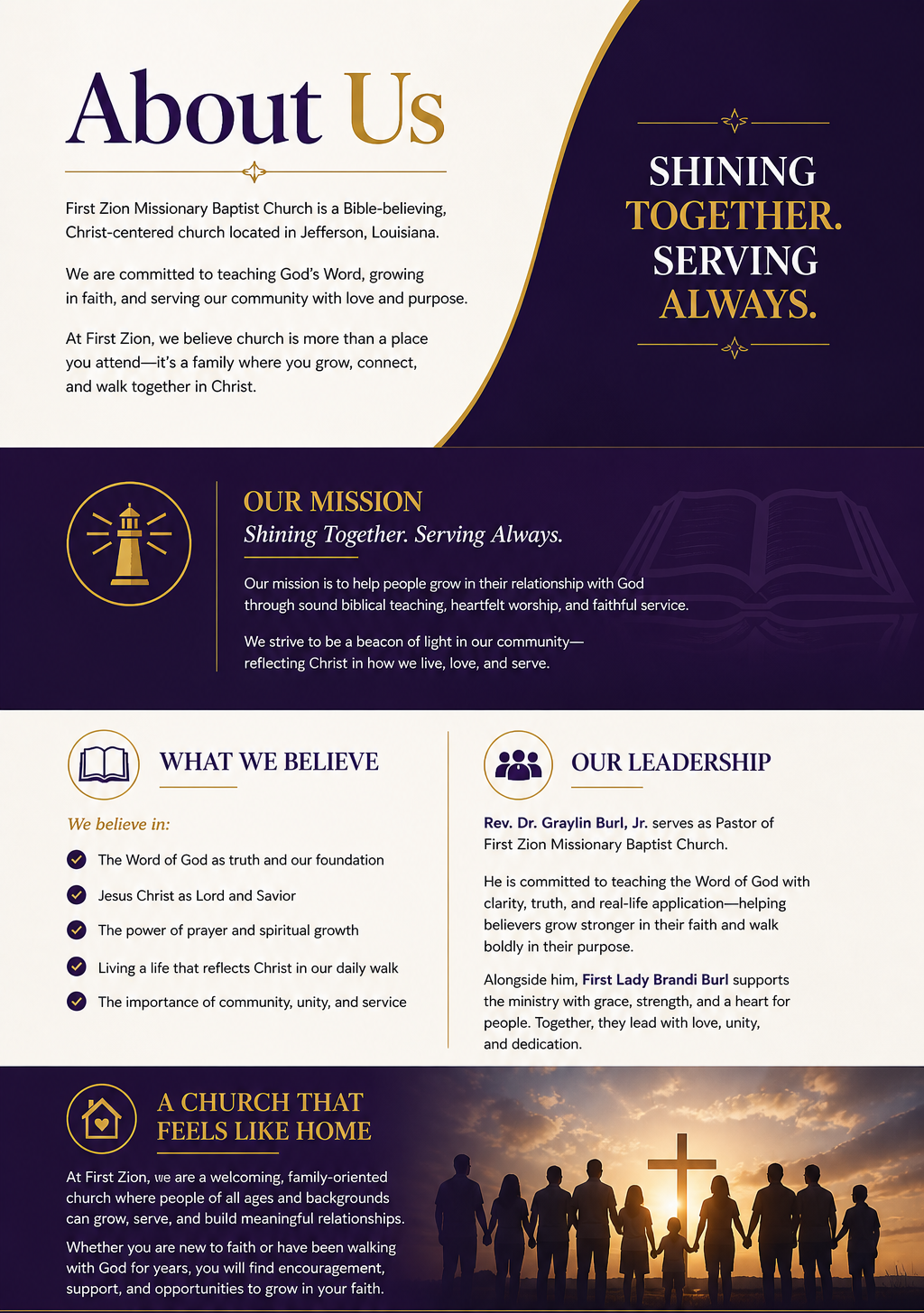 Informational church brochure for First Zion Missionary Baptist Church, including sections about the church's mission, beliefs, leadership, and community. About First Zion Missionary Baptist Church in Jefferson, Louisiana.