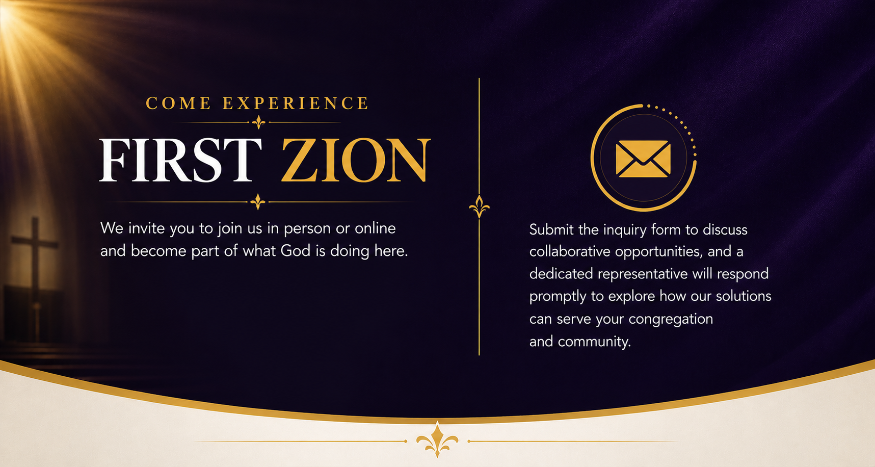 Invitation graphic for First Zion Missionary Baptist Church in Jefferson Louisiana featuring worship, ministry connection, prayer, and community outreach opportunities with purple and gold church branding.