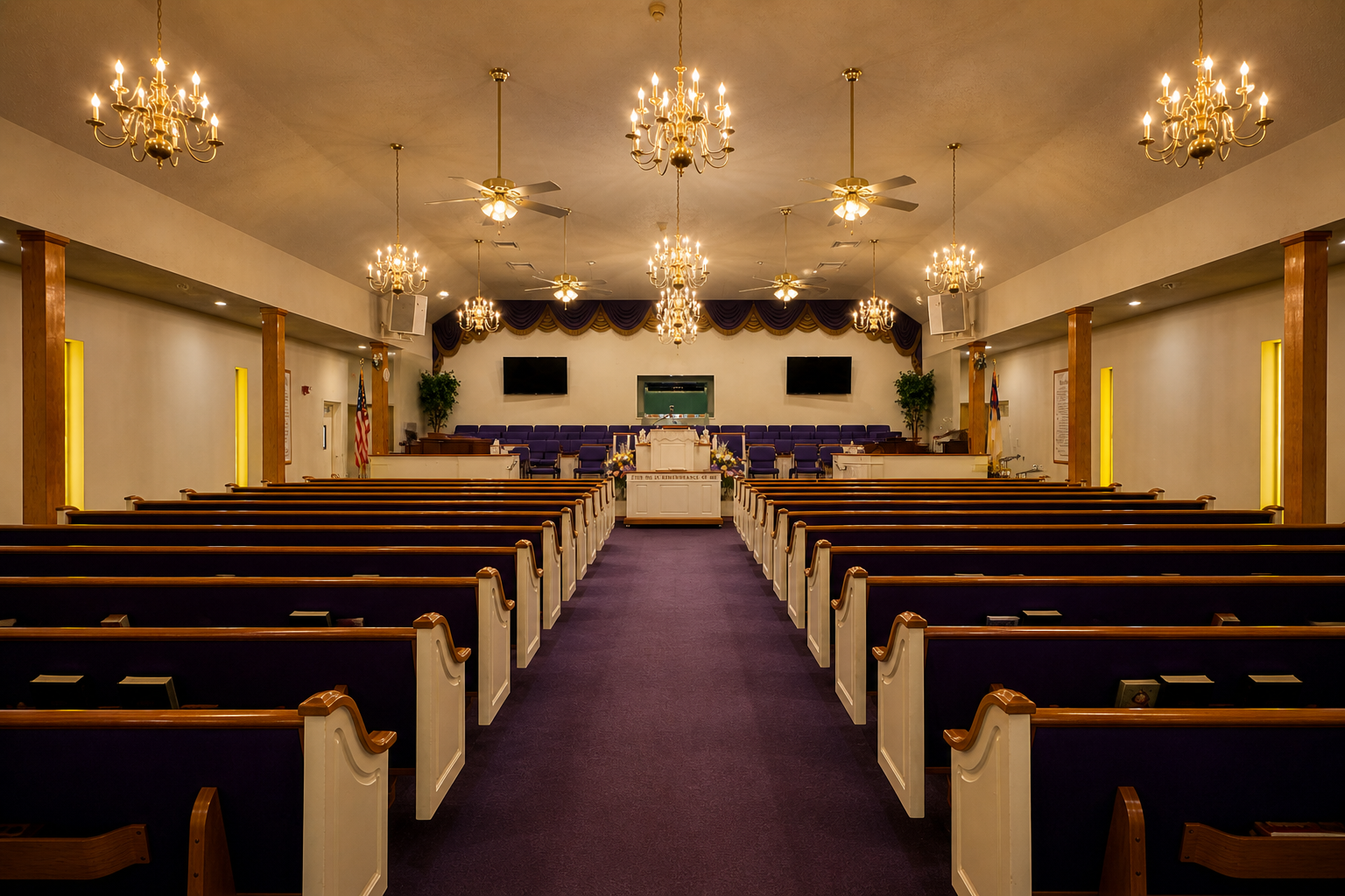 Sanctuary interior of First Zion Missionary Baptist Church in Jefferson, Louisiana