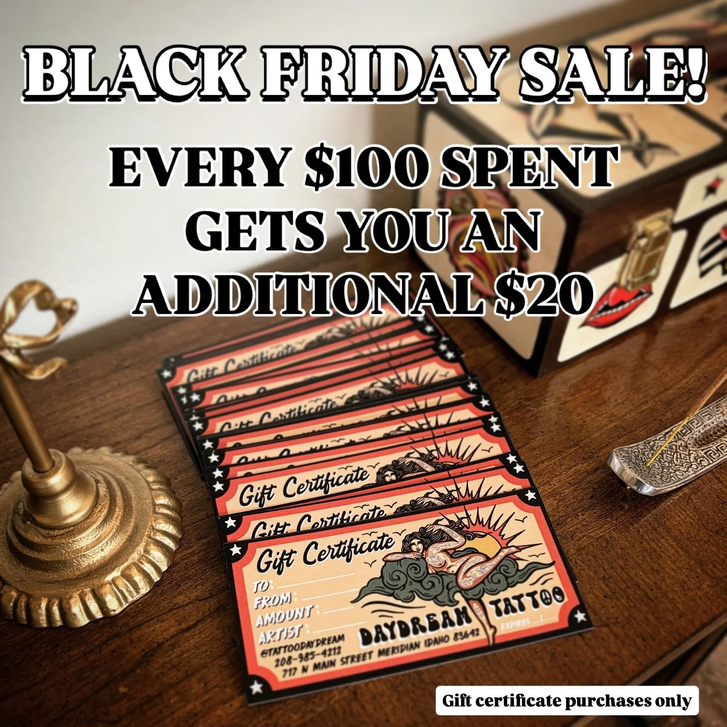 BLACK FRIDAY SALE!!!!!
We now have gift certificates available for you and/or your loved ones. Nothing says Merry Christmas like getting someone a keepsake that they can cherish for the rest of their lives!
From FRIDAY, November 28th through MONDAY D