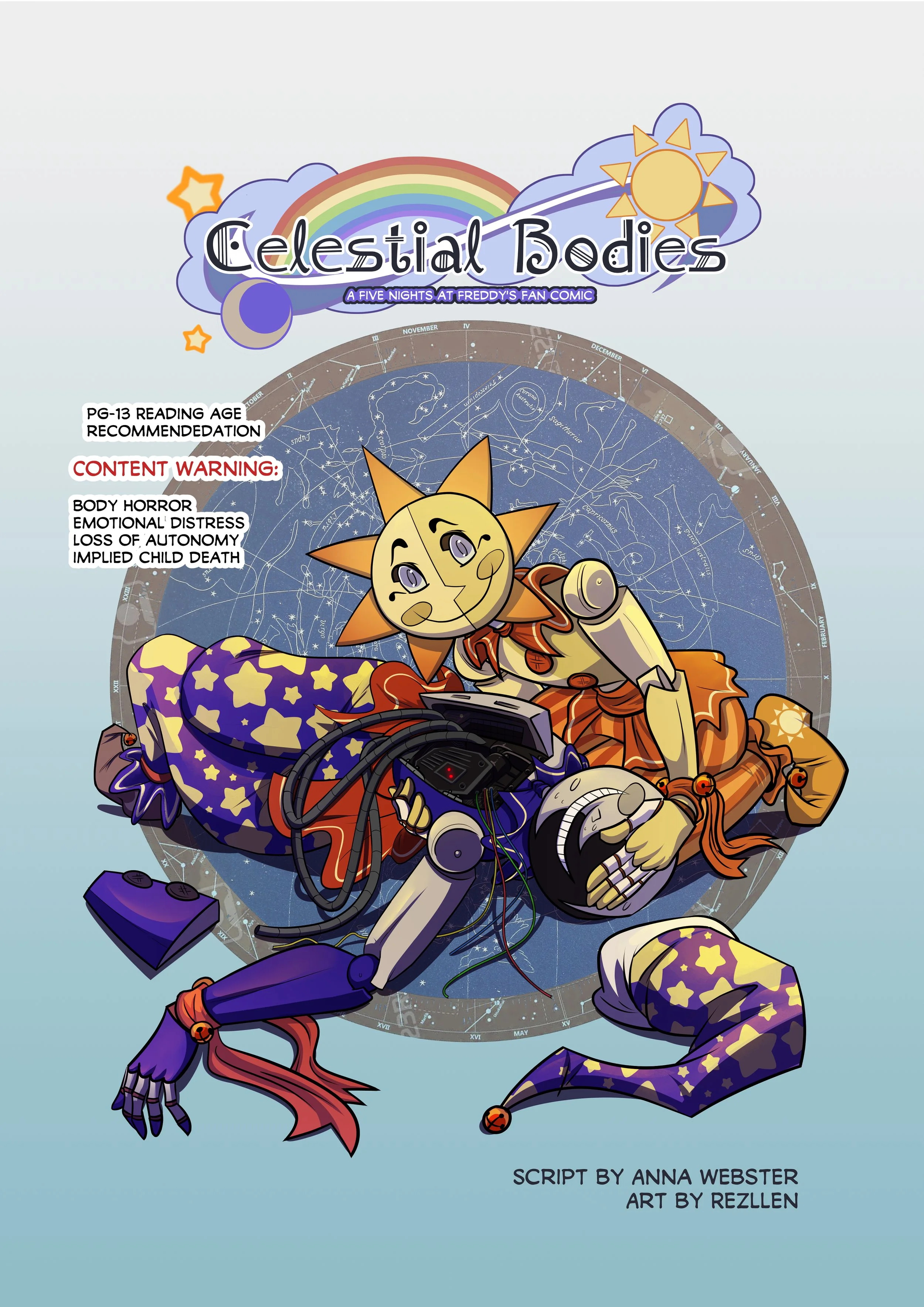 A colorful comic book-style illustration featuring a celestial character with a sun-shaped head, sitting on a star-patterned blanket, surrounded by a starry sky and astronomical charts. The title reads 'Celestial Bodies' with the subtitle 'A Five Nights at Freddy's Fan Comic'. There are warnings about PG-13 content, body horror, emotional distress, loss of autonomy, and implied child death, and credits for the script and artwork at the bottom.