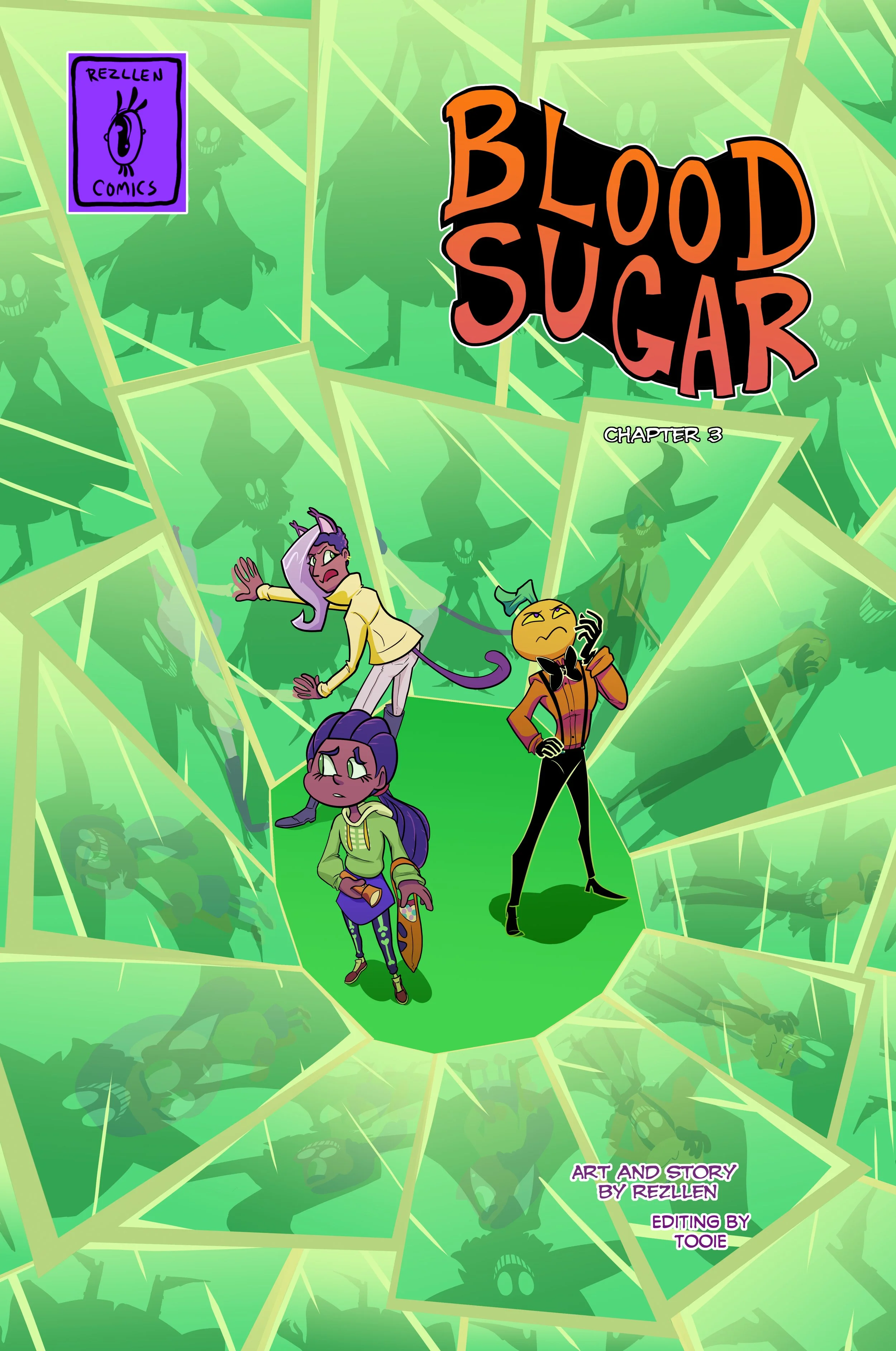 Colorful comic book cover titled 'Blood Sugar.' Features three cartoon characters: a purple-haired character with horns, a character with purple hair, and a tall character with glasses. Background composed of layered comic panels with shadowy, sinister figures. Includes logo for 'Rezillen Comics' and credits for art, story, and editing.