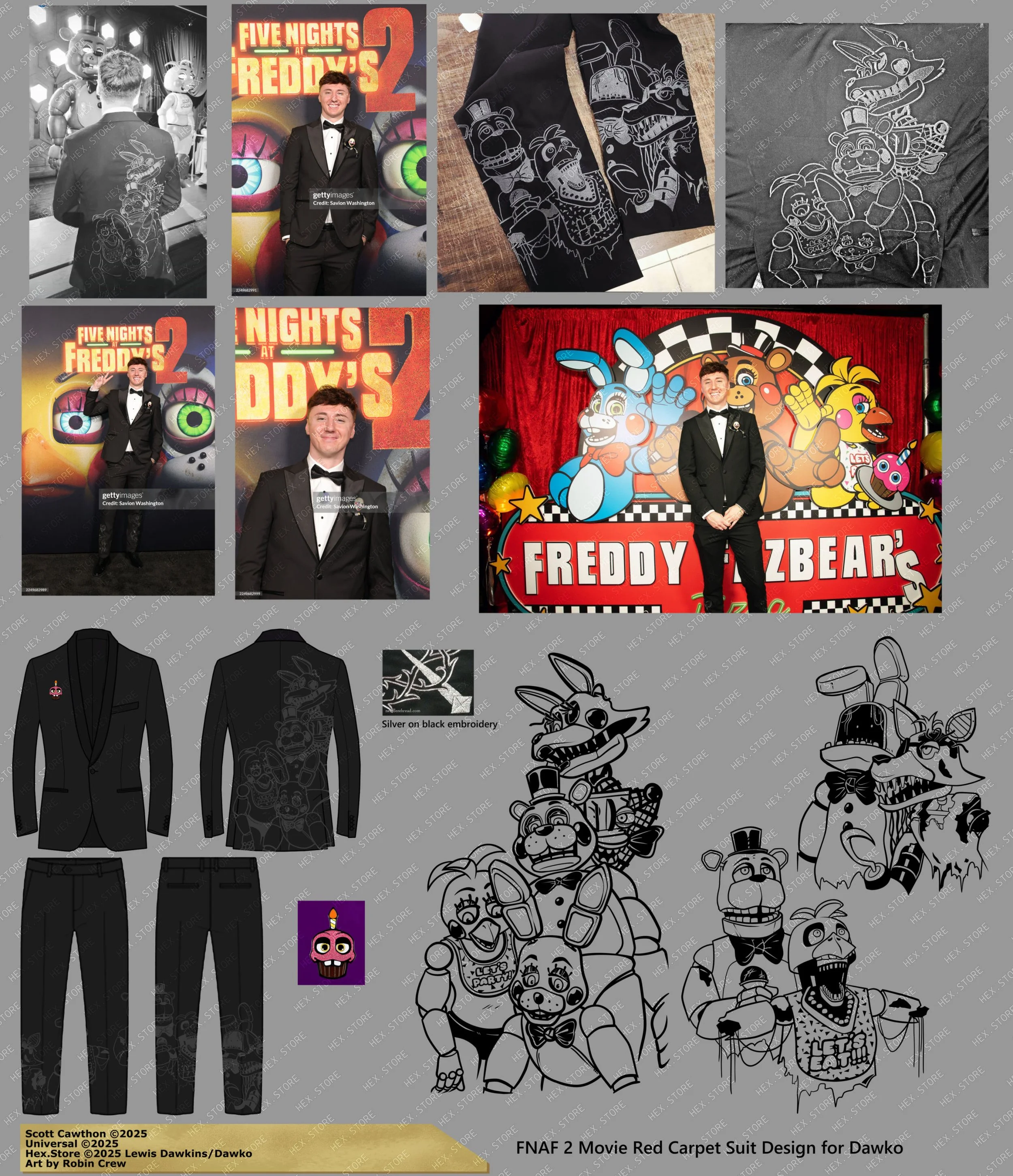 Designs for the FNAF 2 movie red carpet, including a tuxedo with an embroidered Freddy Fazbear on the back, black pants, and various character illustrations from the game in black and white.