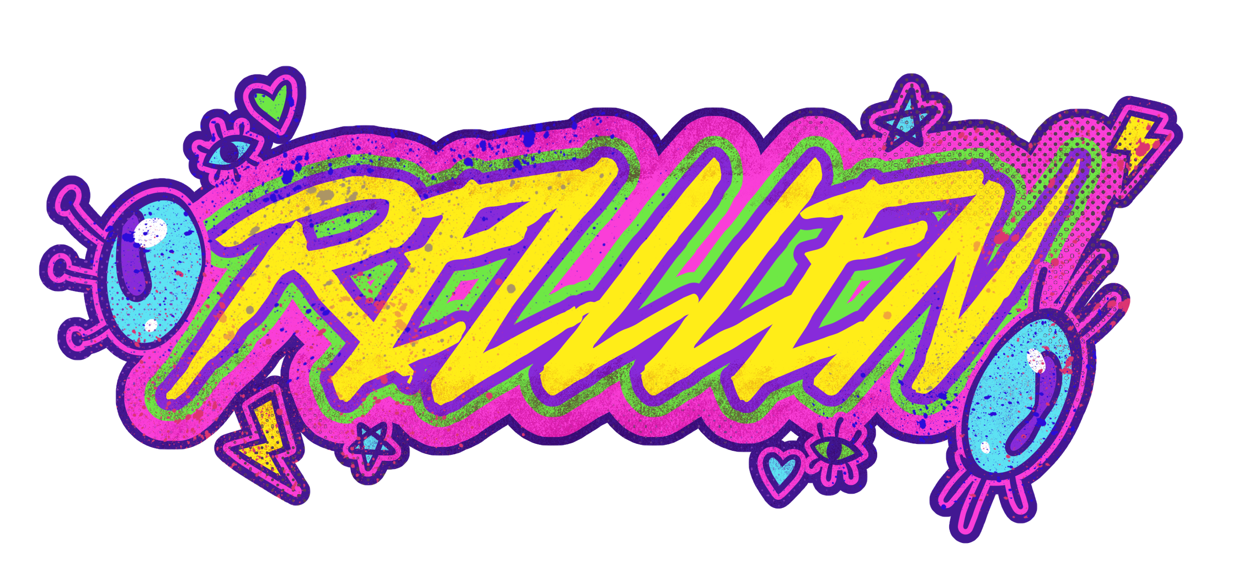 Colorful graffiti-style rainbow text reading 'GREETINGS' with decorative stars, hearts, eyes, party balloons, and lightning bolts around it.