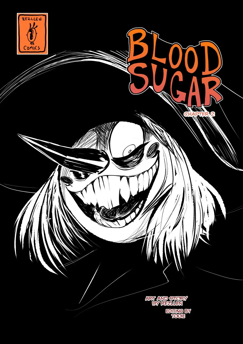Black and white comic book cover featuring a sinister, clown-like face with sharp teeth, exaggerated features, and a mischievous expression. The title 'Blood Sugar' appears in bold, orange and red letters at the top right. A small logo of Rezillen Comics is located at the top left corner. Text at the bottom indicates the story is by Rezillen and edited by Toobie.