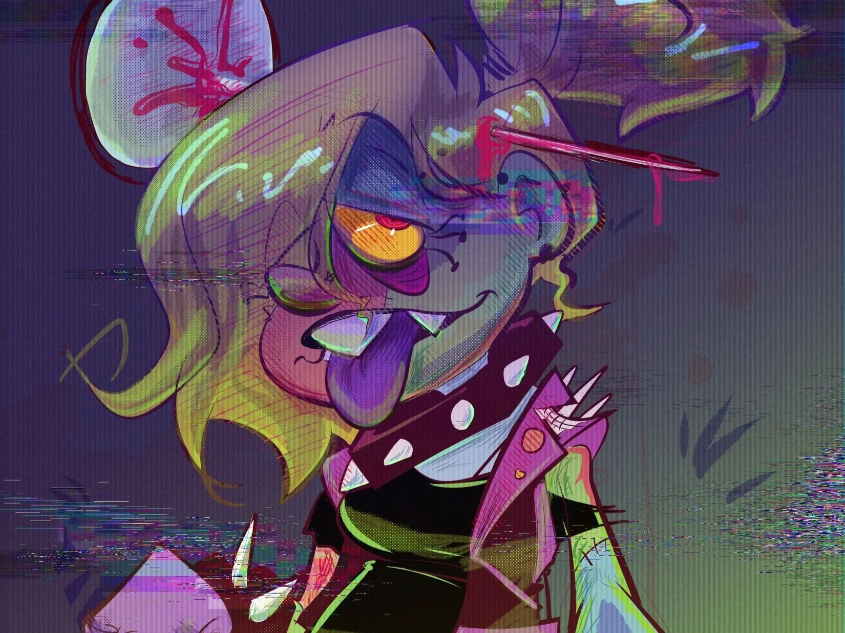 A colorful, abstract digital illustration of a unicorn with a yellow mane, pink tongue, and a mischievous expression, wearing a jacket and holding a sword.