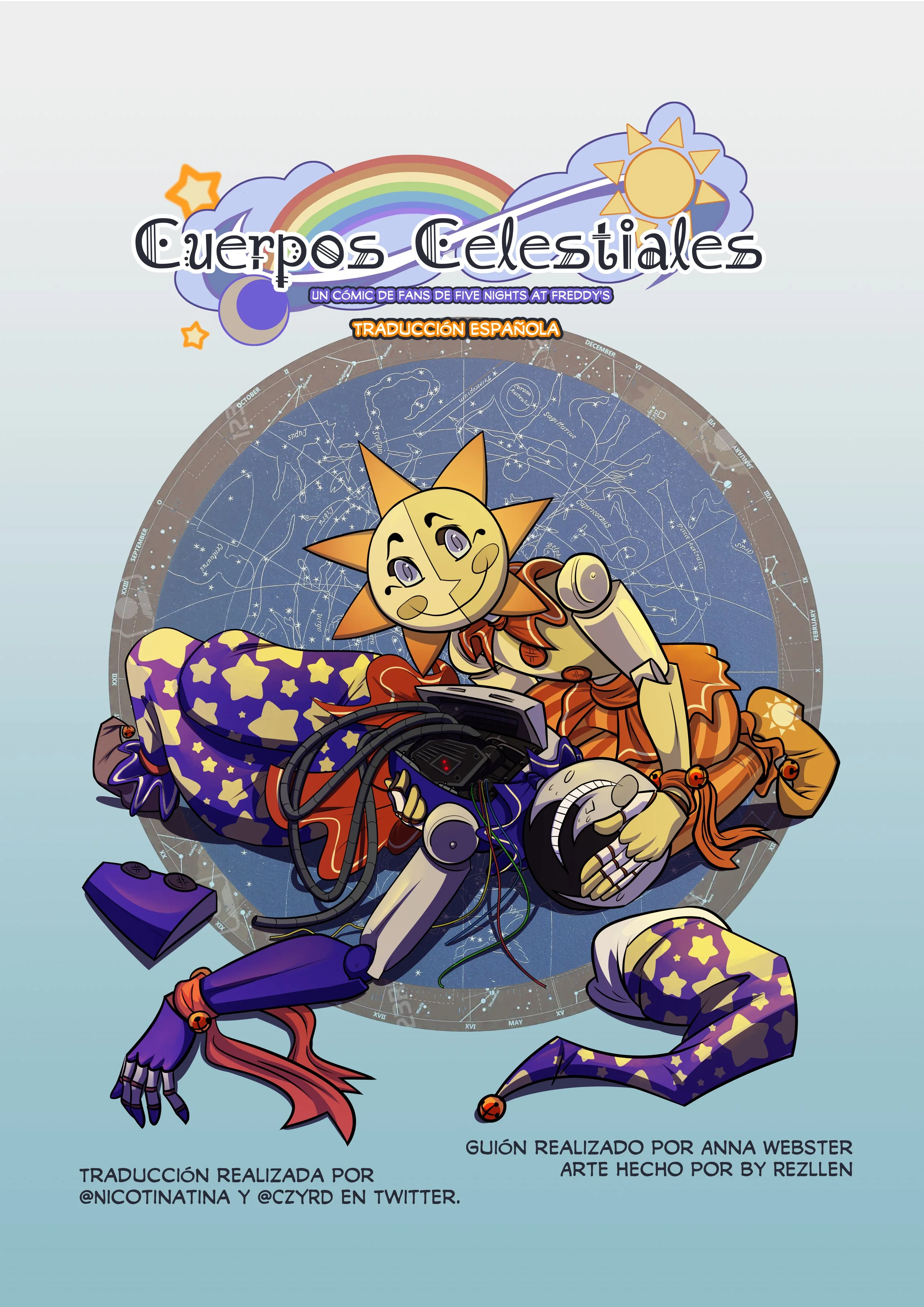 Illustration of a robot with a sun-shaped head and a moon-shaped eye, lying on the ground in front of a star chart, surrounded by scattered star-shaped pillows and electronic equipment, with a rainbow, clouds, and a sun in the background.