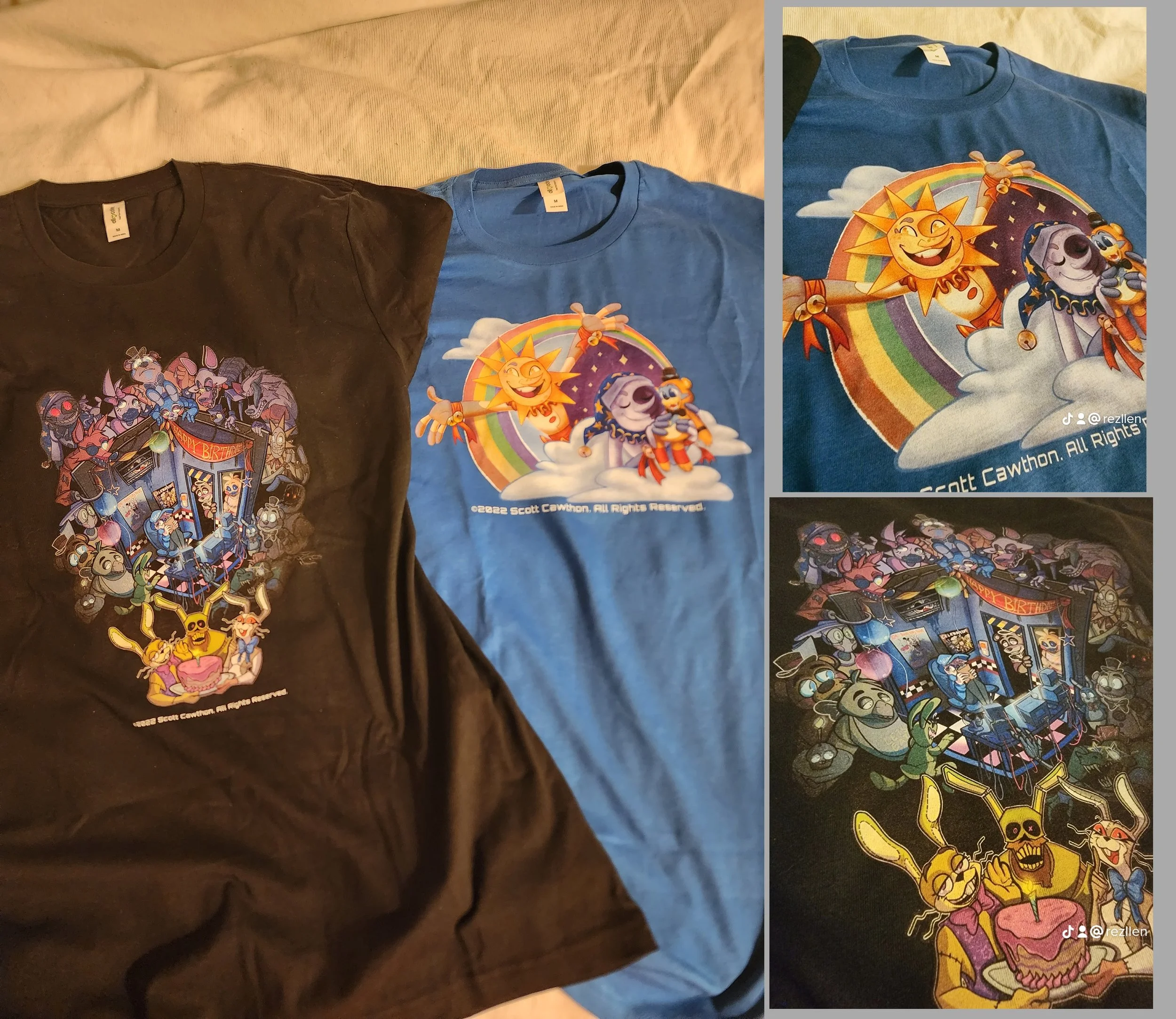 Two graphic T-shirts with cartoon characters, one black and one blue, laid out on a beige surface. The image has a close-up detail of the right side of the shirts, showcasing their designs.