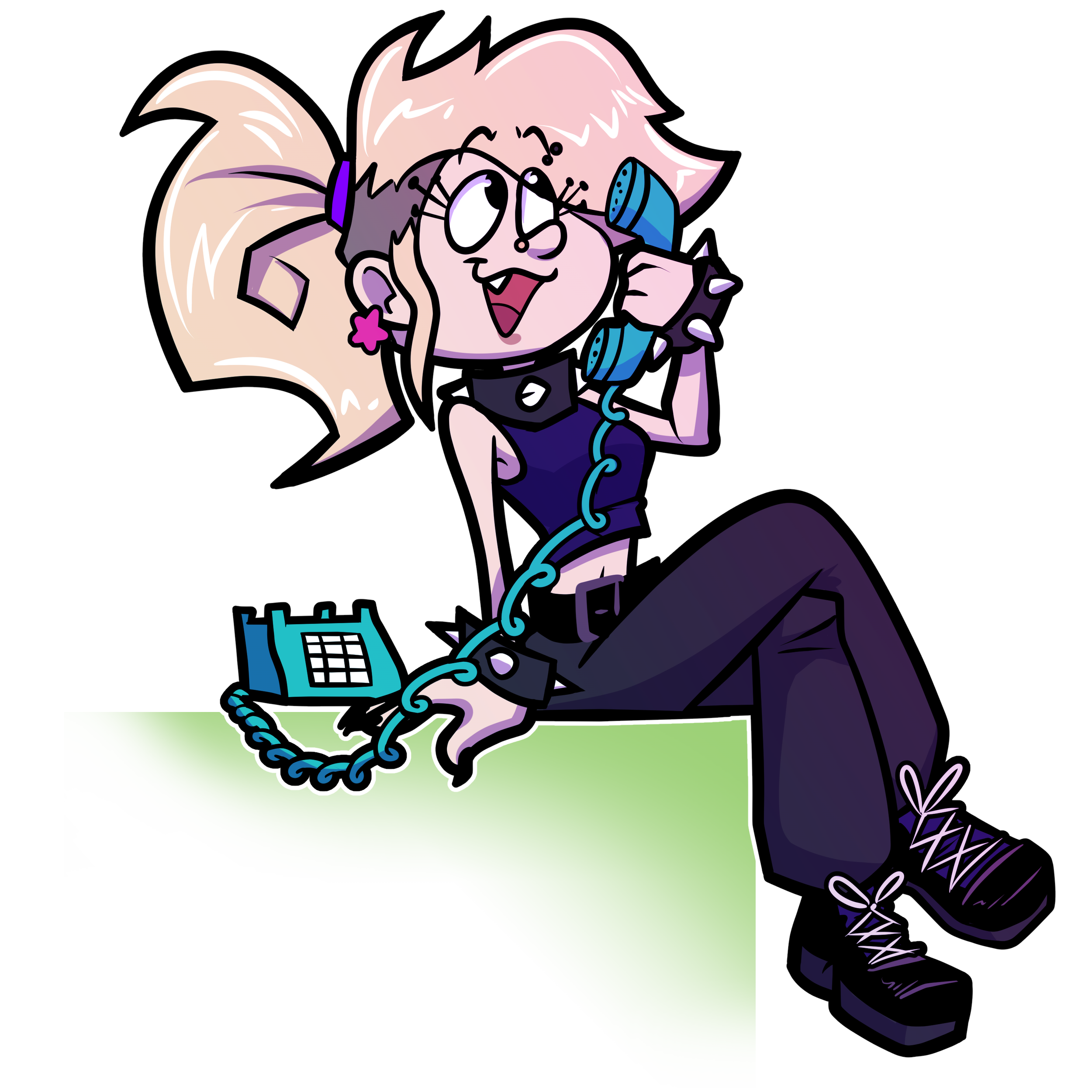 Cartoon of a girl with pink hair, wearing glasses, earrings, and a spiked bracelet, talking on a vintage blue rotary phone.