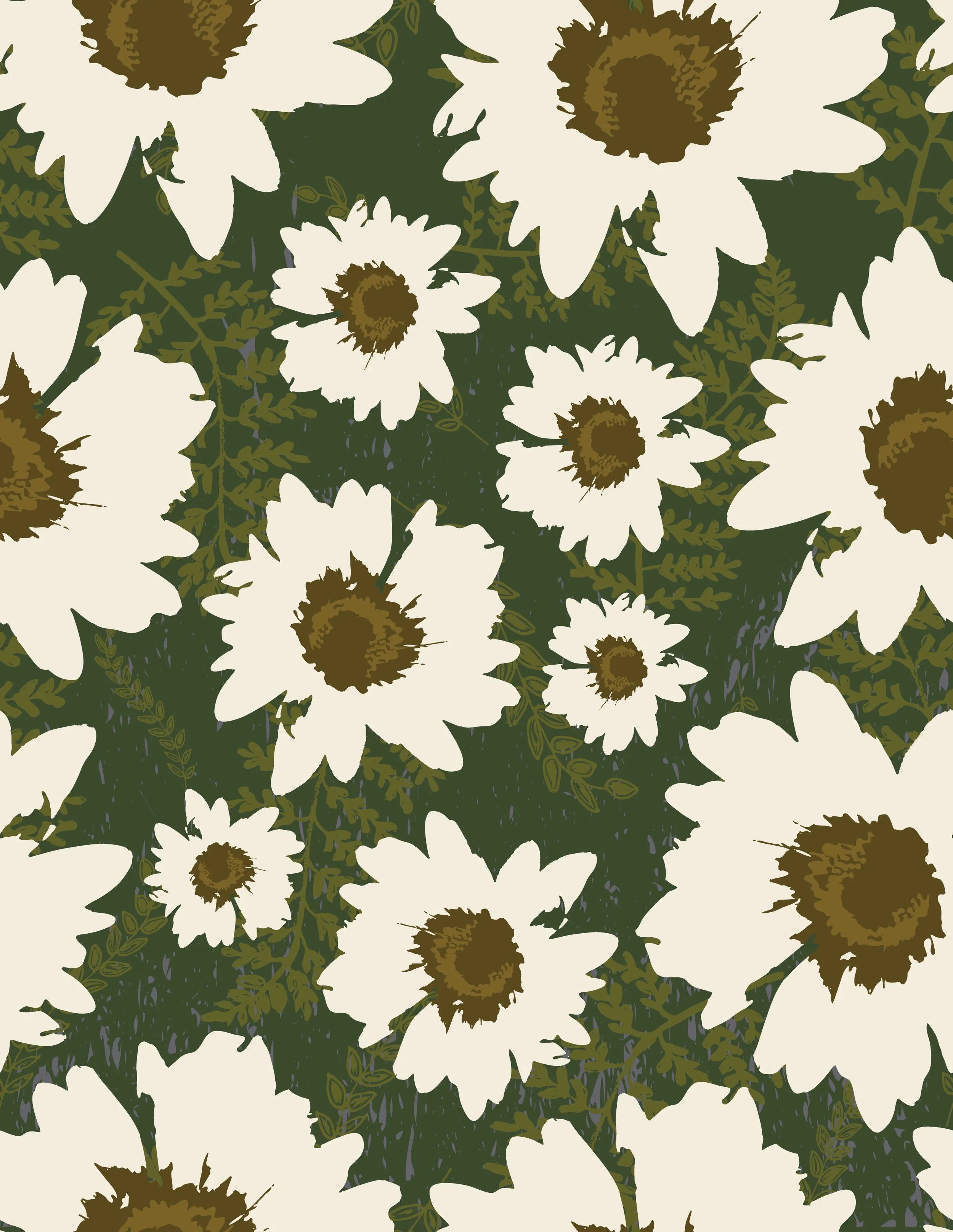 A pattern of large white flowers with brown centers and green leaves on an off-white background.