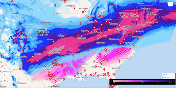 Baron Weather forecast map showing predicted snow and freezing rain accumulation across the central and eastern United States, with ZDR3 Network facilities marked in red