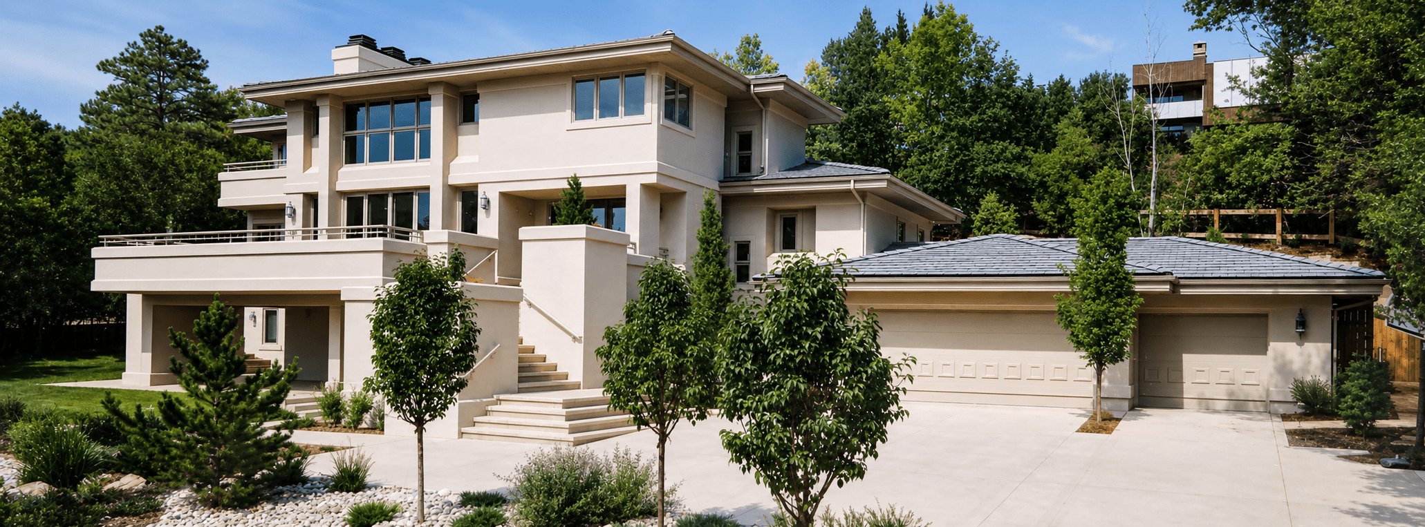 Modern multi-story house with a landscaped front yard, trees, and a driveway, surrounded by lush green trees under a blue sky.