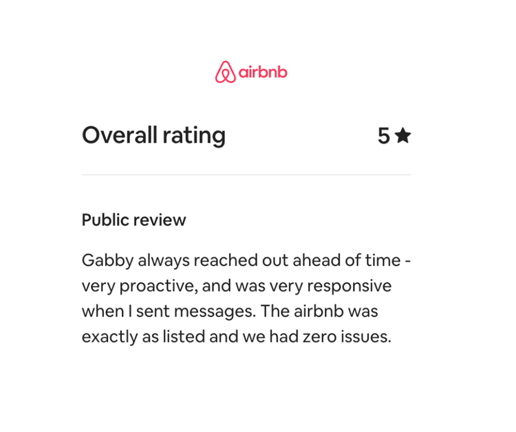 Screenshot of an Airbnb review with a 5-star rating, praising Gabby's proactive and responsive service.