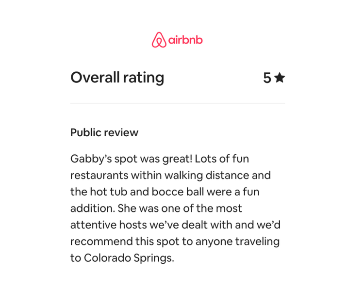 Airbnb review with a 5-star rating, praising a host named Gabby for her attentive service and fun amenities in Colorado Springs.