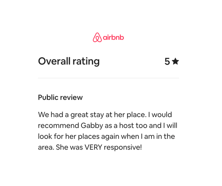 Screenshot of an Airbnb review with a 5-star rating, praising a host named Gabby for her responsiveness.