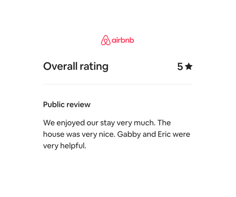 Airbnb review showing a 5-star rating, positive comments about the stay, friendly hosts, and a nice house.