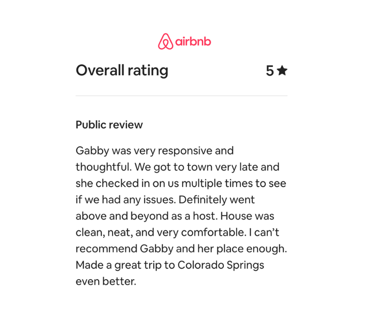 Airbnb review with five-star rating for a host named Gabby, praising her responsiveness, house cleanliness, and overall experience in Colorado Springs.