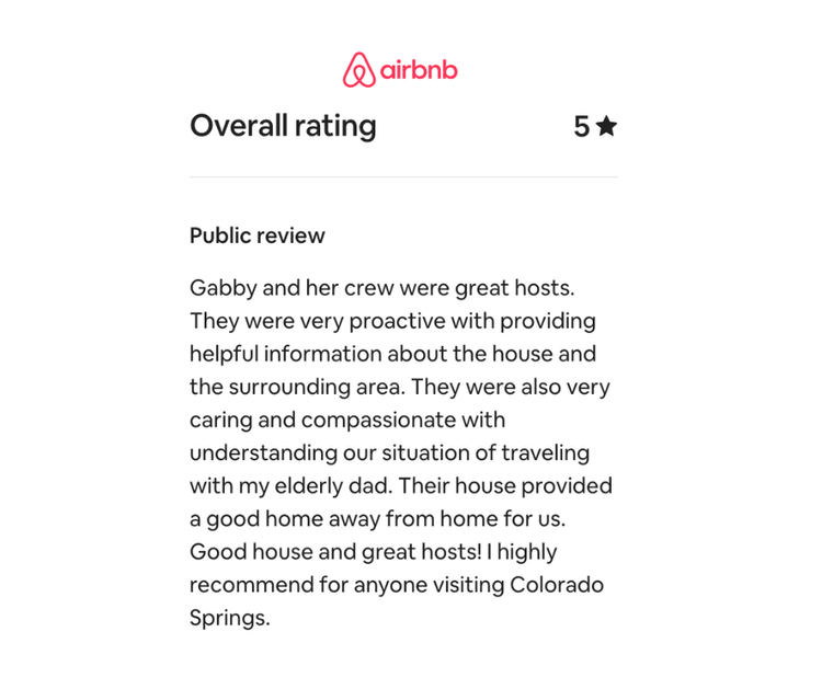 Airbnb review showing a 5-star rating and positive feedback about hosts Gabby and her crew in Colorado Springs.
