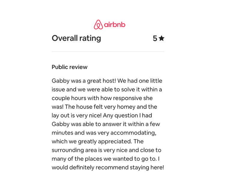 Screenshot of an Airbnb review with a 5-star rating, praising the host Gabby for her responsiveness, helpfulness, and the cozy, well-located house.
