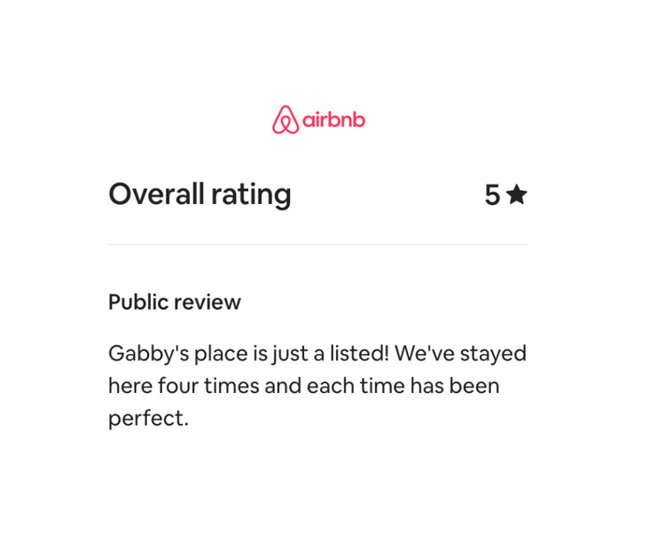 Airbnb listing with a 5-star overall rating and a positive public review.