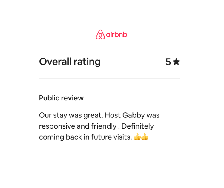 Airbnb review with a 5-star rating, praising host Gabby for being responsive and friendly, with a positive comment and two thumbs-up emojis.