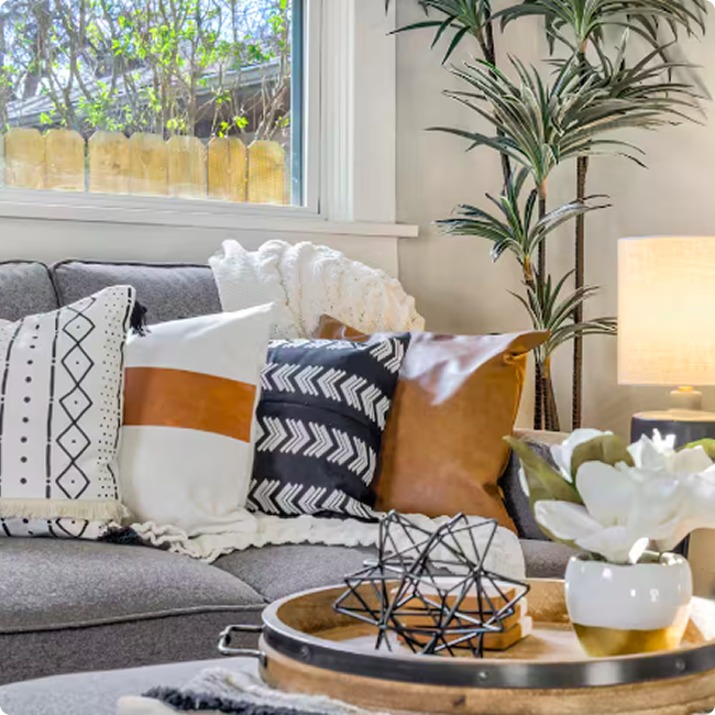 Living room with gray couch, decorative pillows, a large green potted plant, a window with a wooden fence outside, a table with a white vase of white flowers, and a lamp.