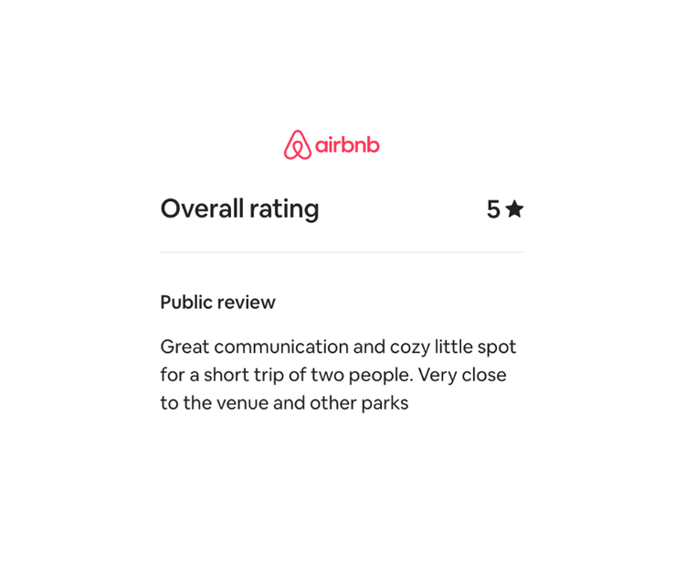 Airbnb review showing a 5-star overall rating, with a positive comment about a cozy spot for a short trip for two near the venue and parks.