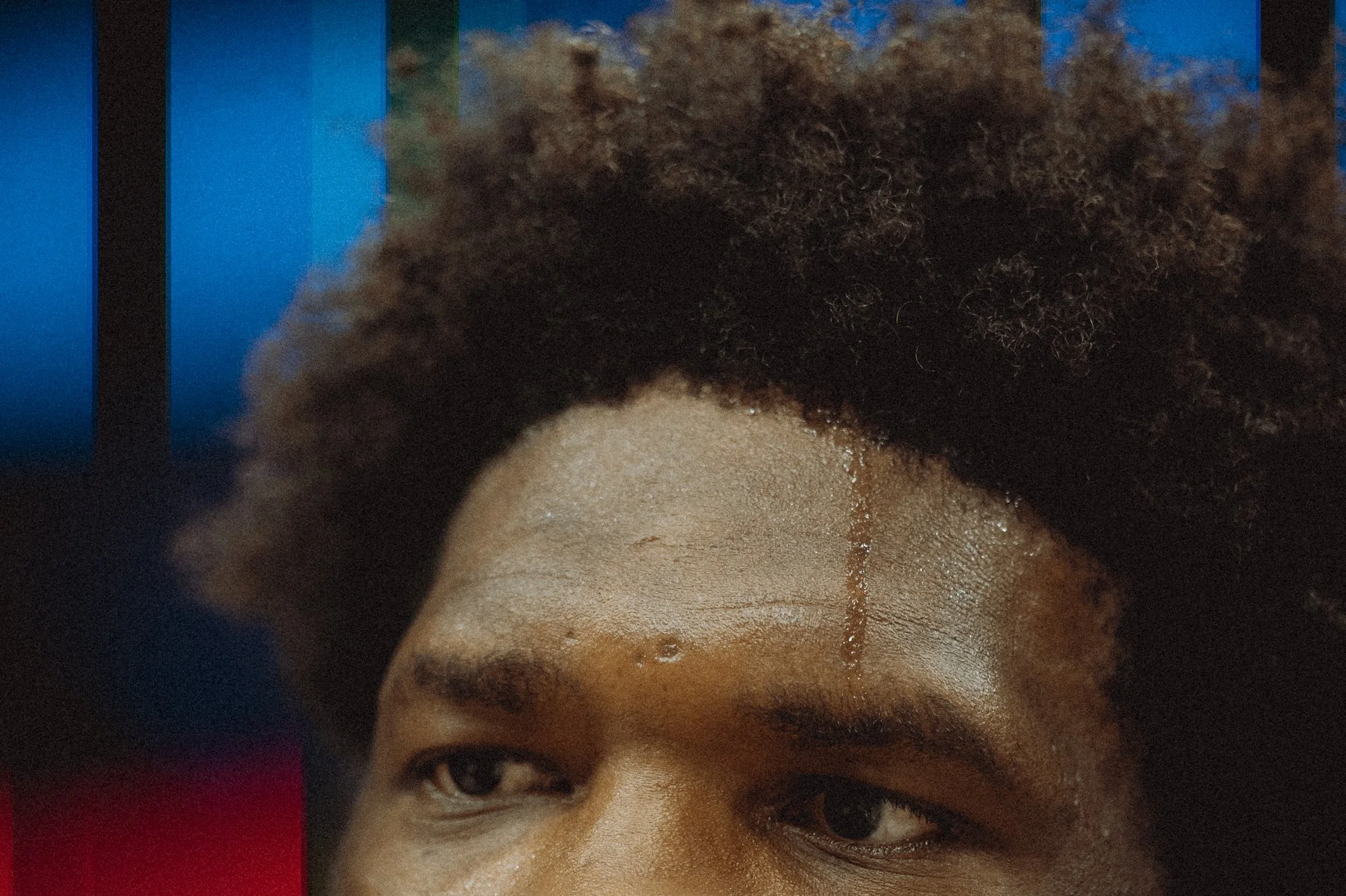 Close-up of a person's face with dark curly hair, partially visible eye, and a shiny forehead.