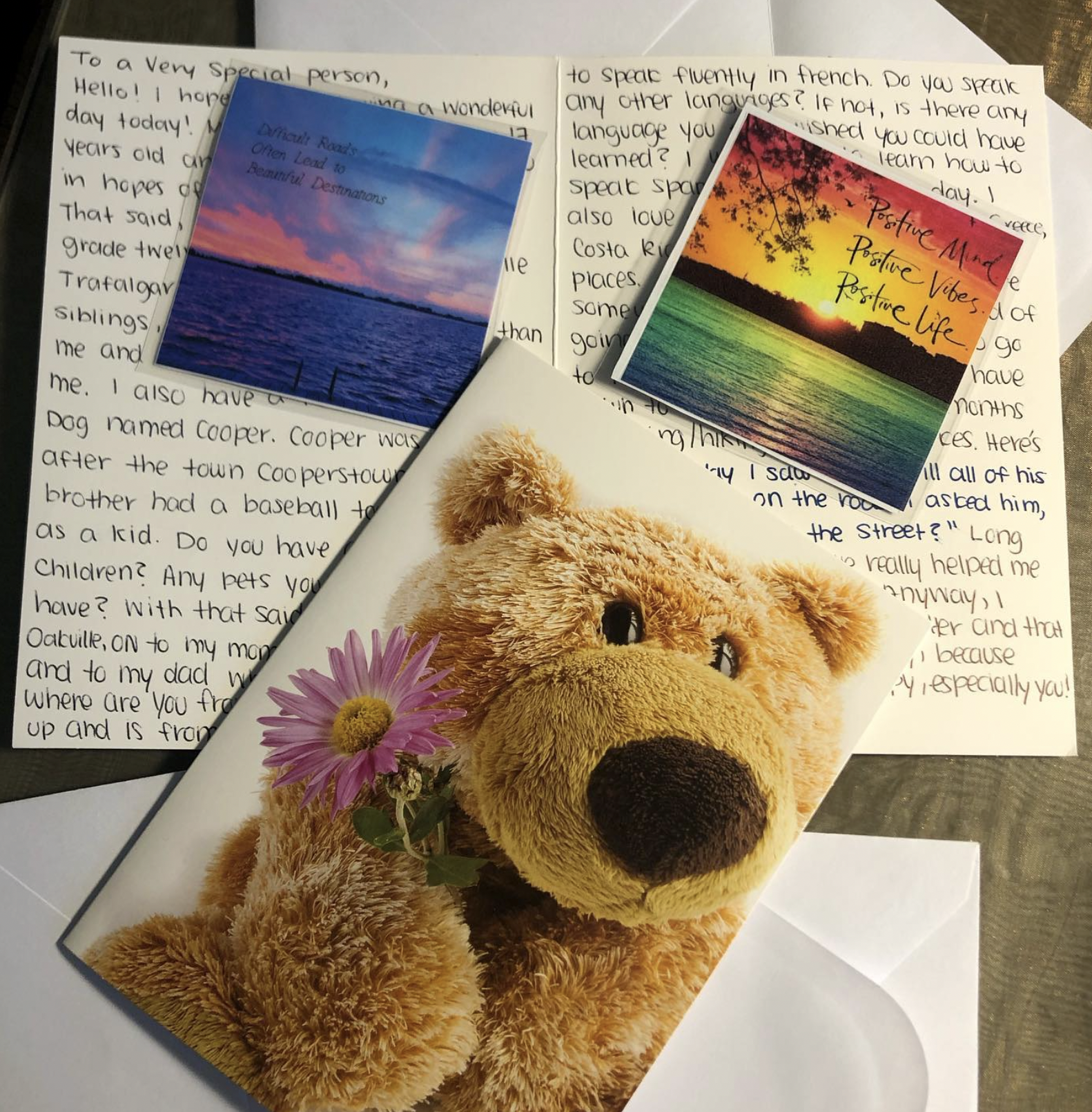 A handwritten letter with two photographs and a plush teddy bear. One photo shows a sunset over water with the text "Difficult Roads Often Lead to Beautiful Destinations." The other photo shows a sunset with the text "Positive Mind, Positive Vibes, Positive Life." The teddy bear is holding pink flowers and is placed on top of the letter.