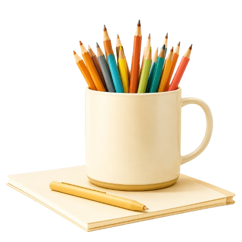 A white ceramic mug filled with color pencils placed on top of a closed notebook with a pen resting on its cover.