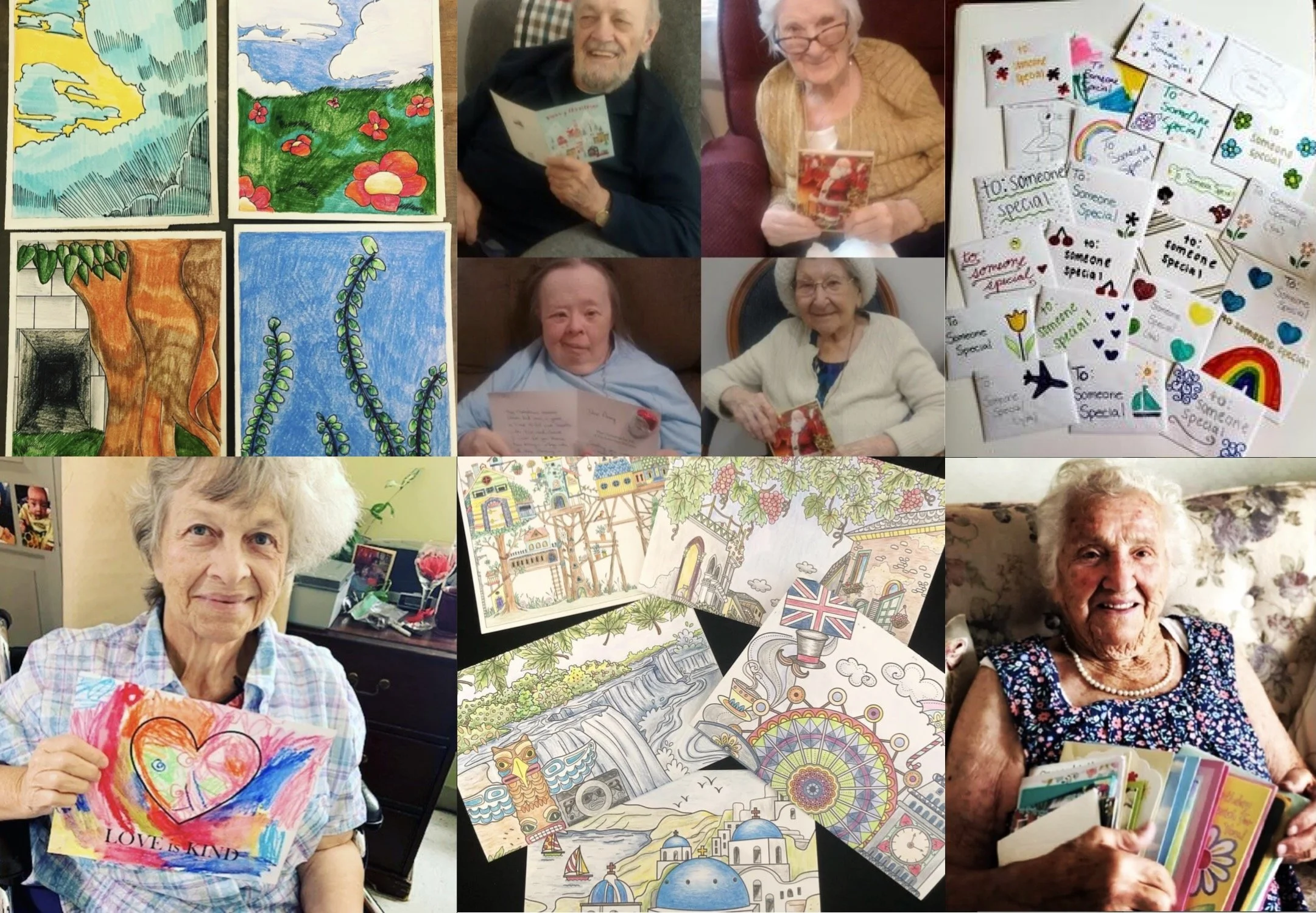 A collage of seniors holding handmade cards and colourful drawings from Smile Carrier.