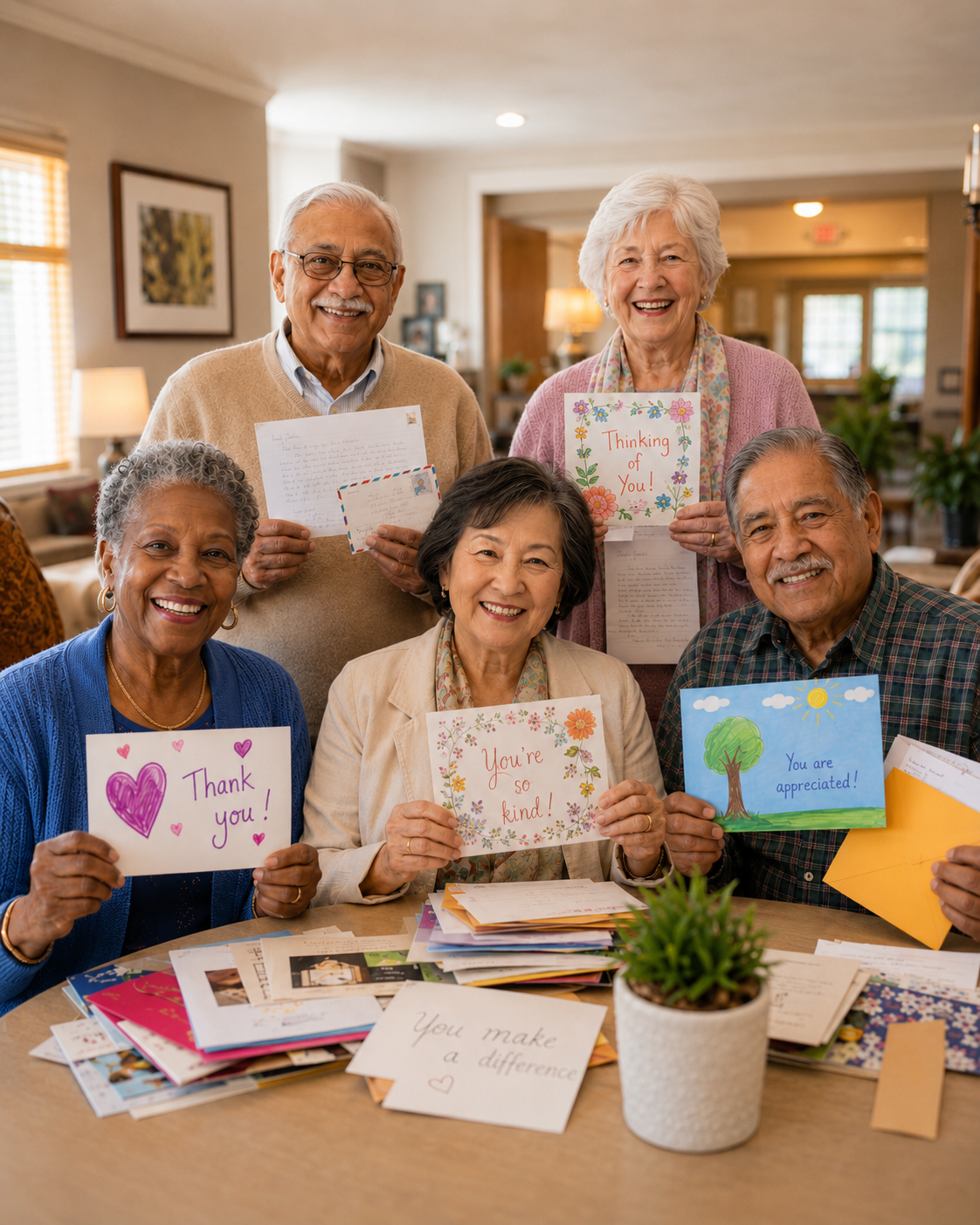 Group of five elderly people holding thank you cards and letters, smiling in a cozy living room with a table full of cards, letters, and a potted plant.