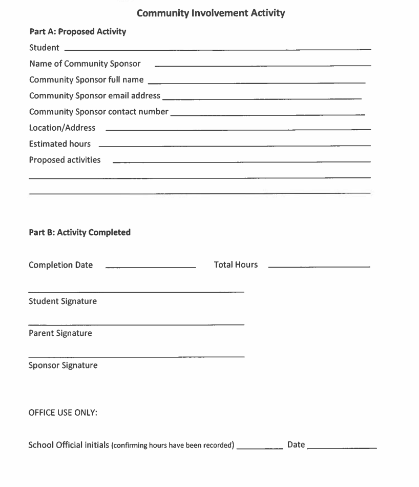 This is a community involvement activity form with sections for proposing and completing a community activity, including fields for contact information, location, hours, signatures, and official use.
