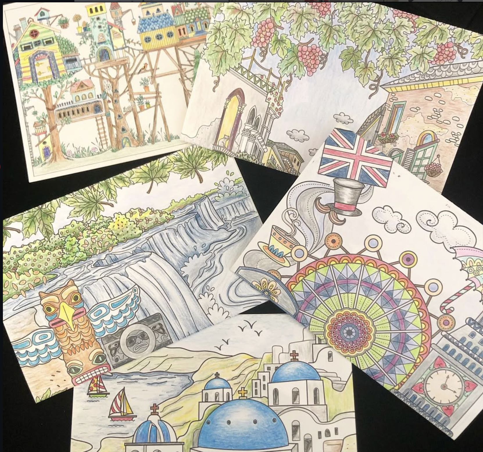 Colorful, hand-colored illustrations of various scenic landscapes and landmarks, including a fairy-tale village with treehouses, a waterfall with lush greenery, a famous yellow submarine, and Ferris wheels, with some elements featuring British flags and iconic architecture.