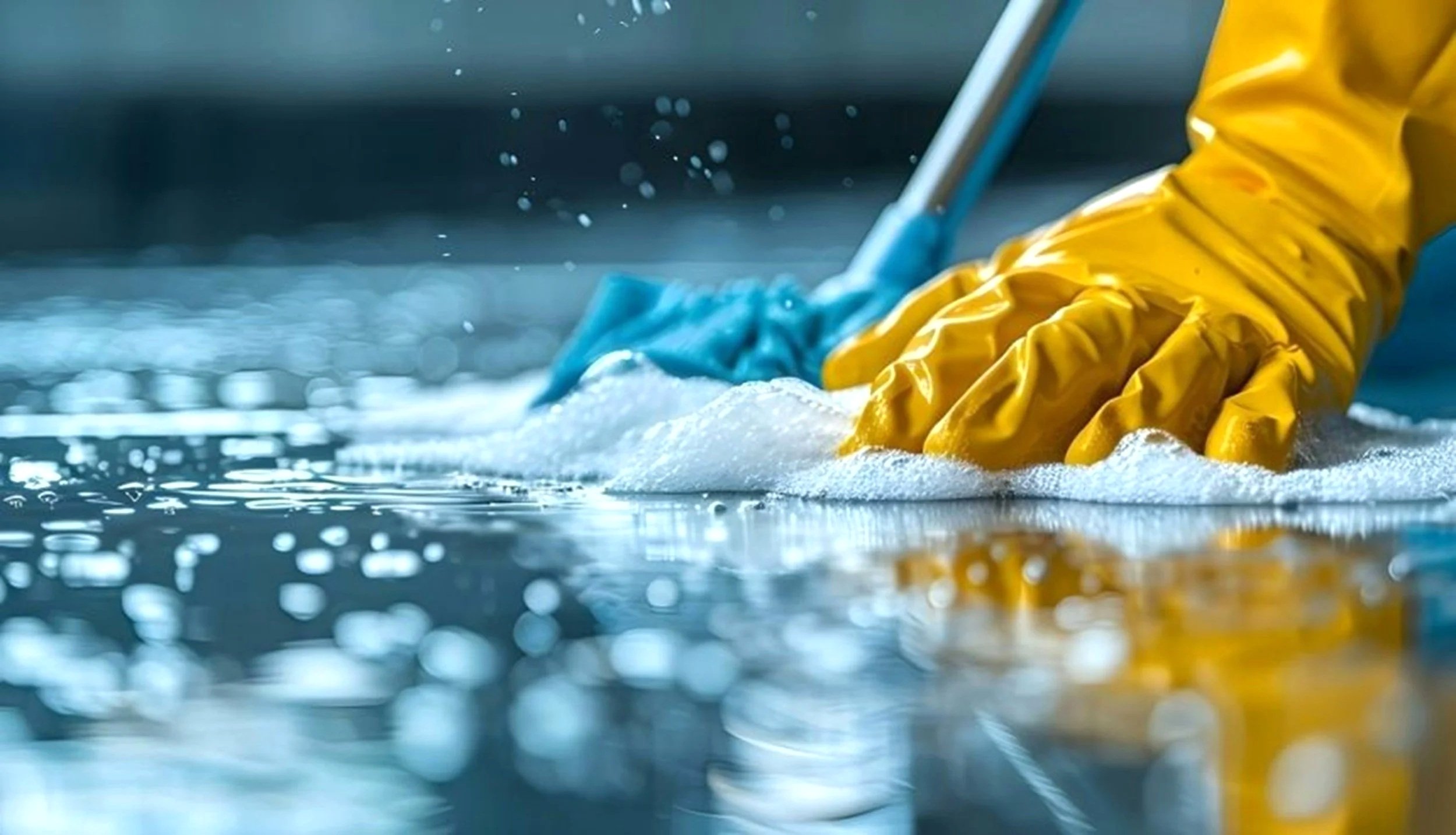 A person wearing yellow rubber gloves cleaning a reflective surface with a blue scrub brush, creating soap suds and water splashes.
