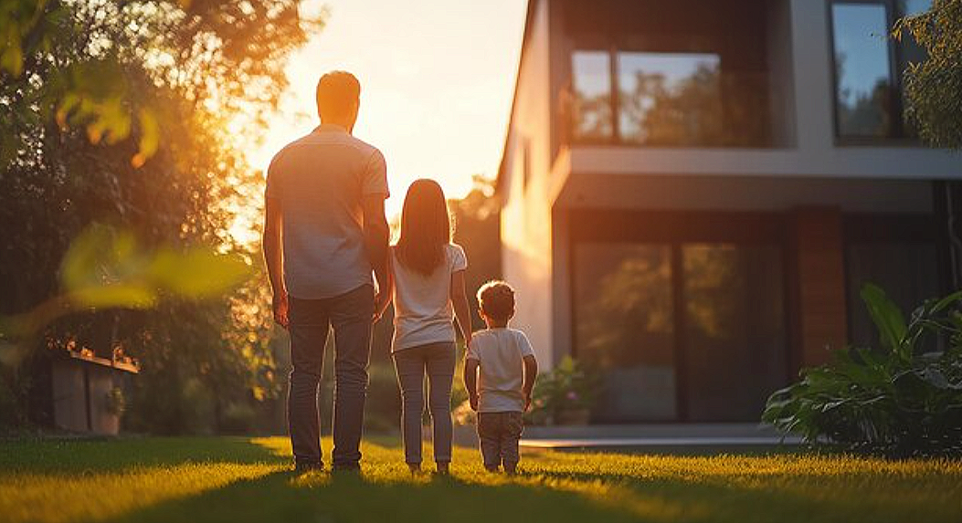 A family of three walking hand in hand outside a modern house at sunset.
