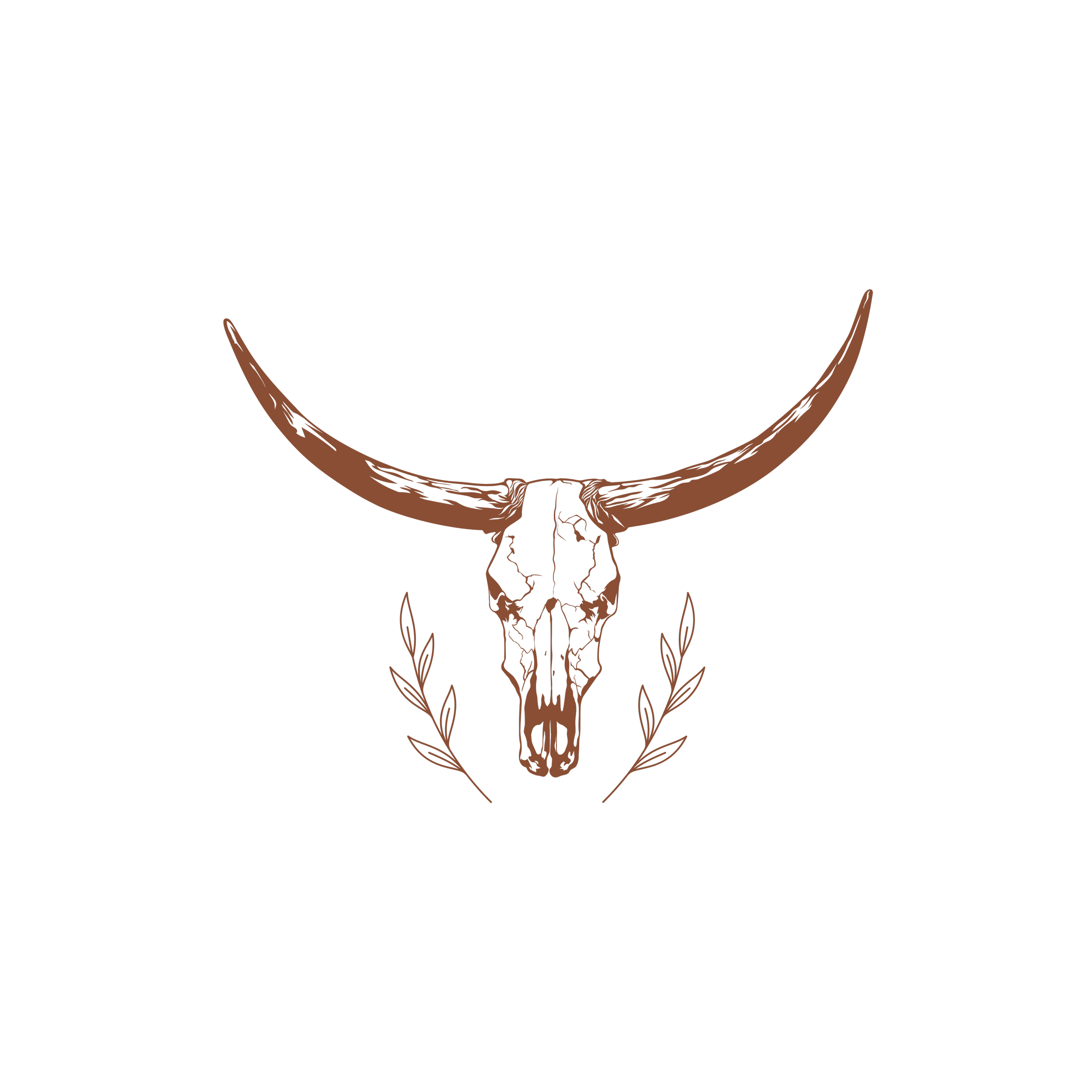 A black background with a stylized brown animal skull with long, curved horns. The skull has detailed line work showing cracks and textures, and there are brown decorative feathers or leaves hanging from the skull.
