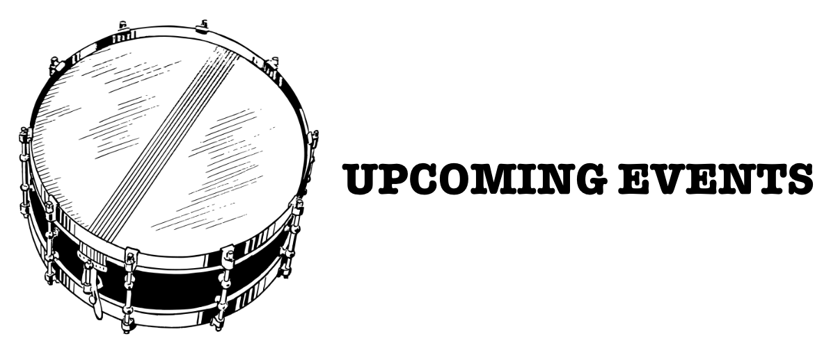 Black and white illustration of a drum with the text 'Upcoming Events' next to it.