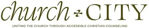 Logo with the words 'church + CITY' and the tagline 'Uniting the church through accessible Christian counseling'.