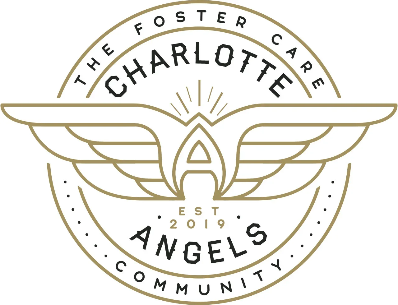 A circular logo with a central angel figure with wings, surrounded by text reading "The Foster Care Charlotte Angels," established in 2019, with a gold and black color scheme.