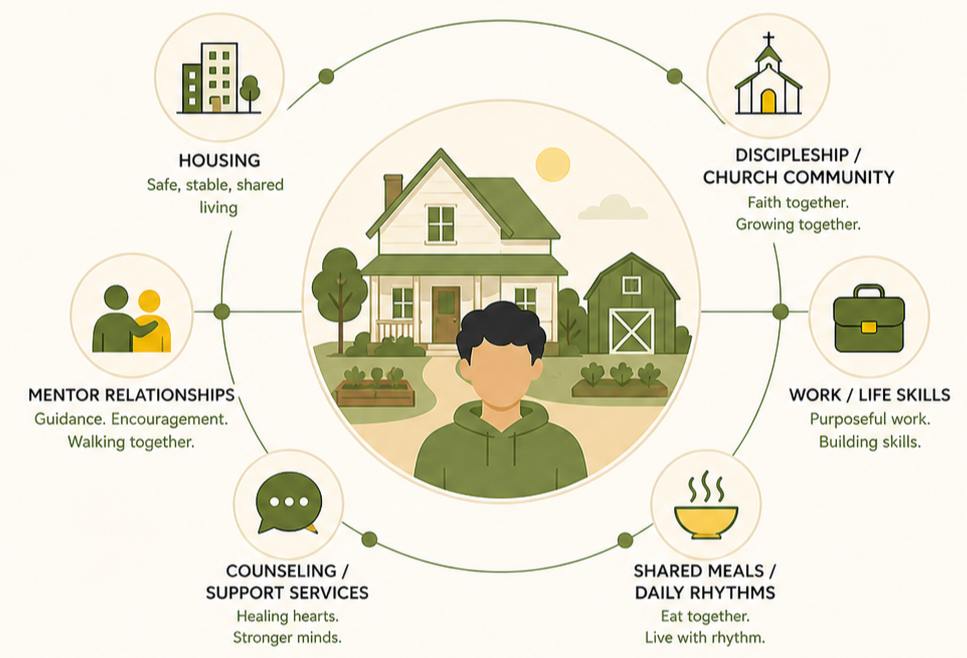 Diagram illustrating a community with a central house, surrounded by icons and text representing housing, disciple/church community, work/life skills, shared meals/daily rhythms, counseling/support services, mentor relationships, and healthy relationships.