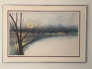 Vintage Full Moon Lake Landscape Watercolor on Paper