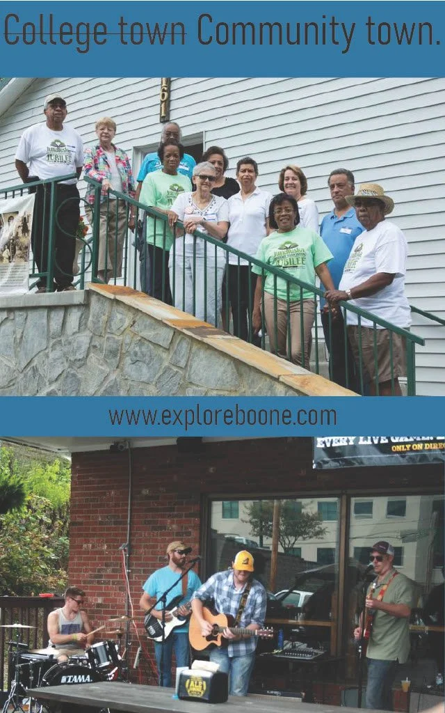 A group of people standing on a staircase outside a white building, and a band performing live music outside a brick building. Text reads: 'College town, Community town.' and 'exploreboone.com.'