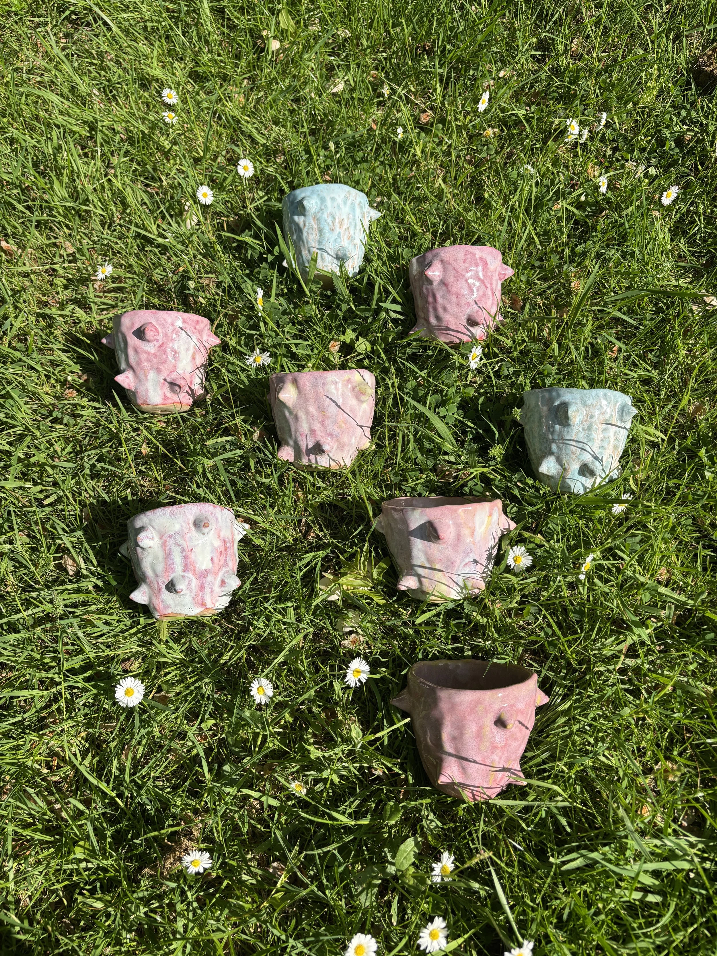 A grassy field with small white daisies and ceramics spike mugs in pastel colors scattered on the grass.