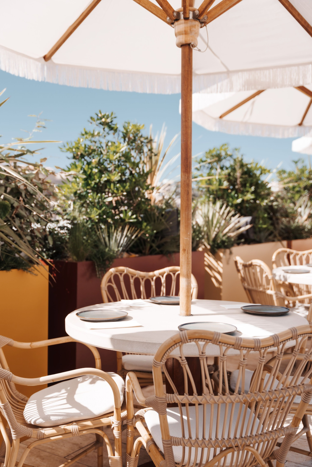 Outdoor patio dining area with wicker chairs, a round white table, and large white umbrellas, surrounded by greenery and potted plants under a clear blue sky.